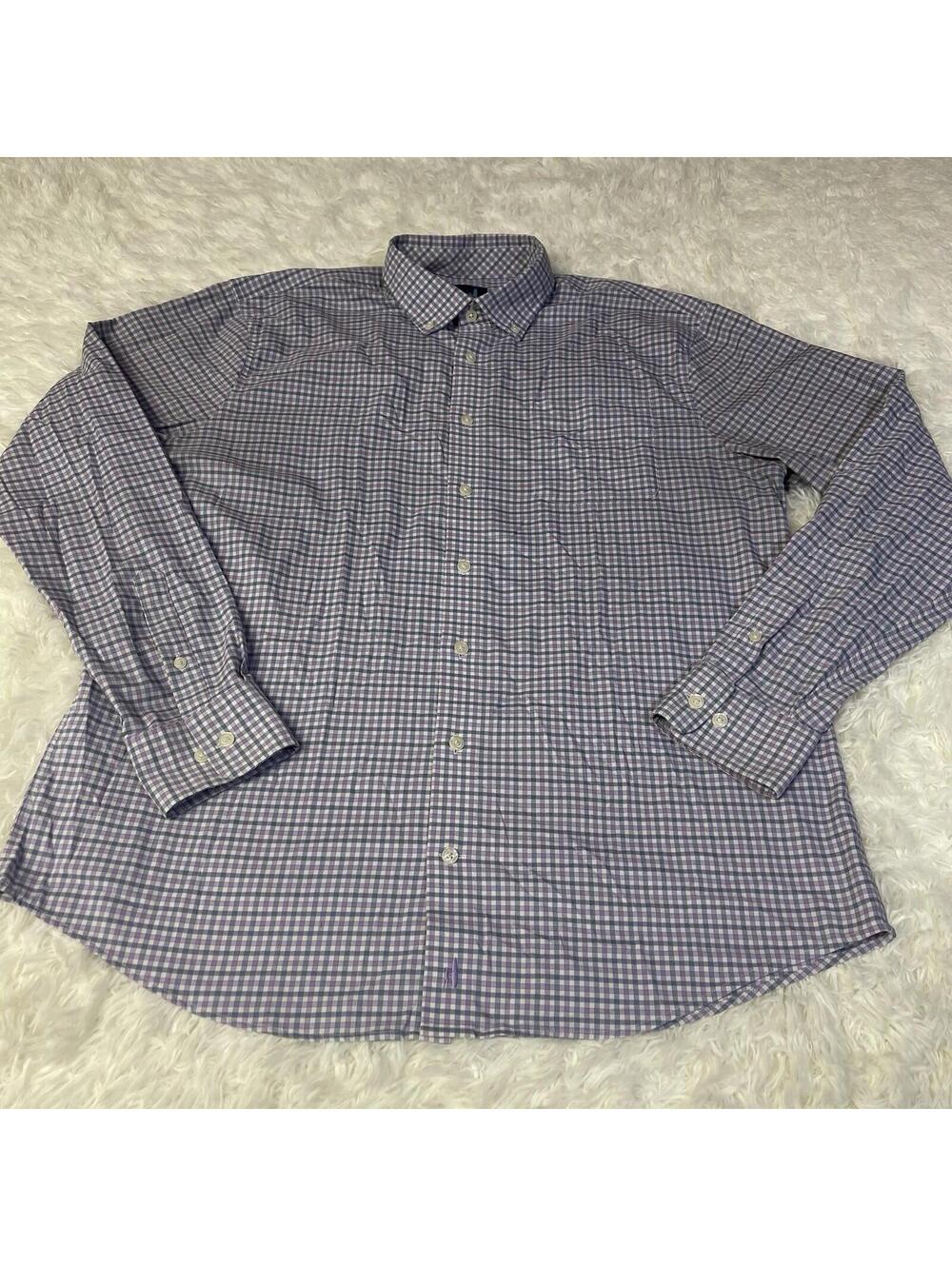 Johnnie-O Button Down Shirt Men Large Purple Blue Gingham Prep-Formance Stretch